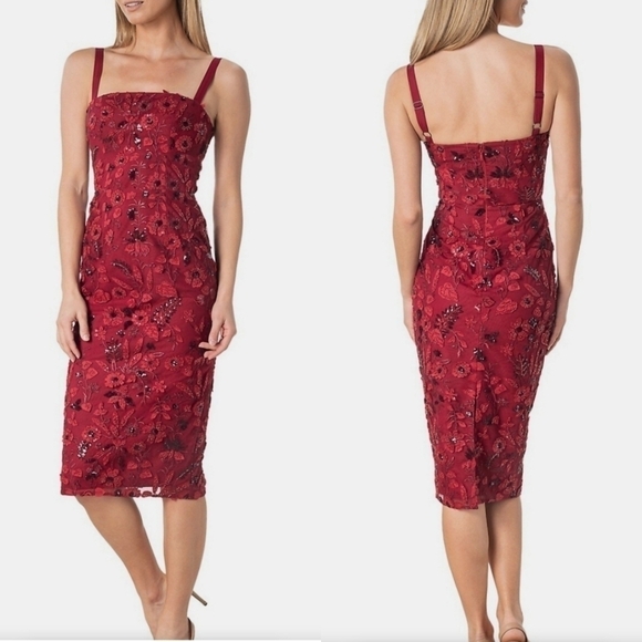 Dress The Population Ynez Red Floral Embellished Beaded Sequin Sexy Midi Dress S - Picture 9 of 9